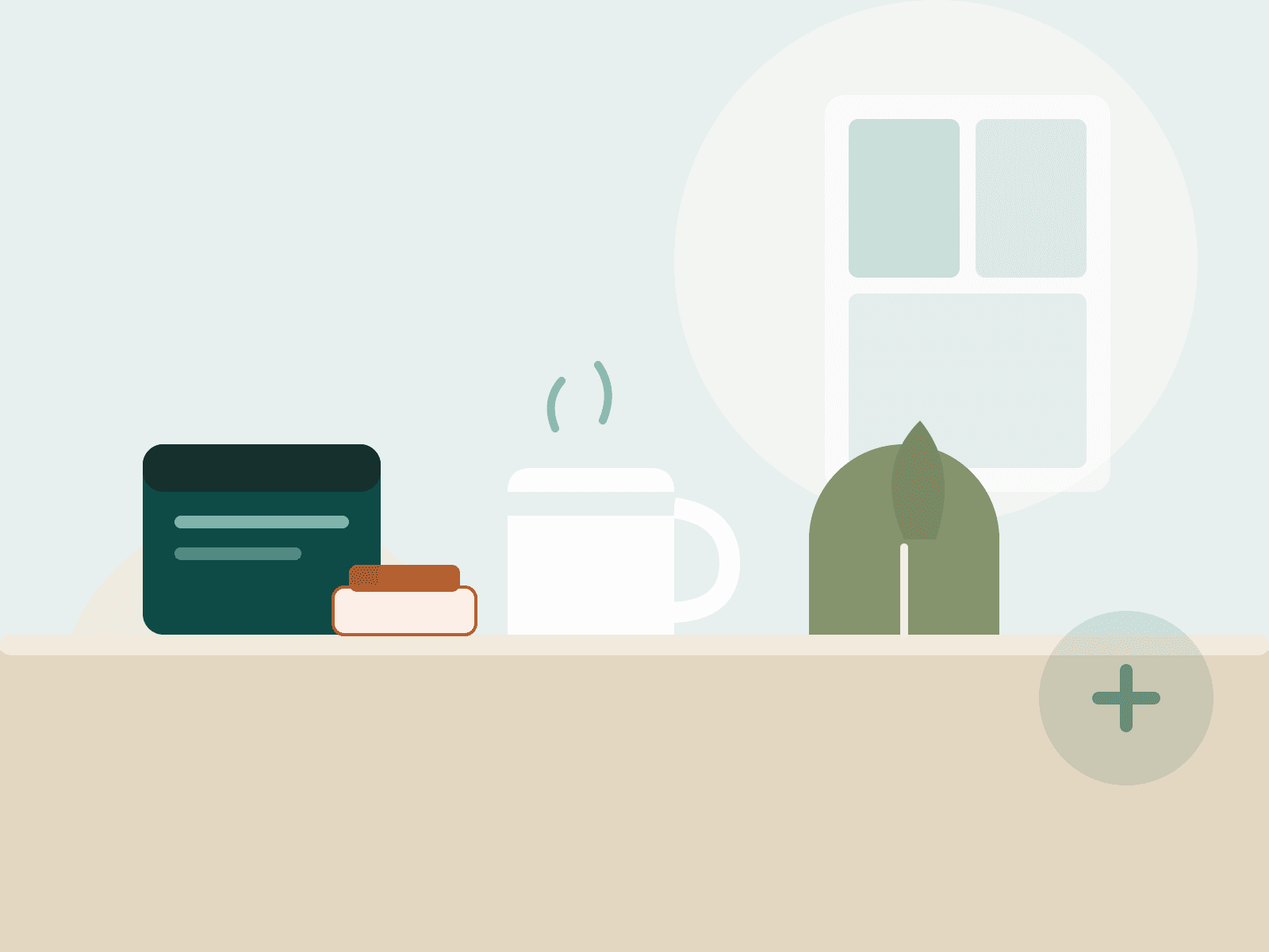 A quiet recovery corner — journal, warm tea and a plant by the window