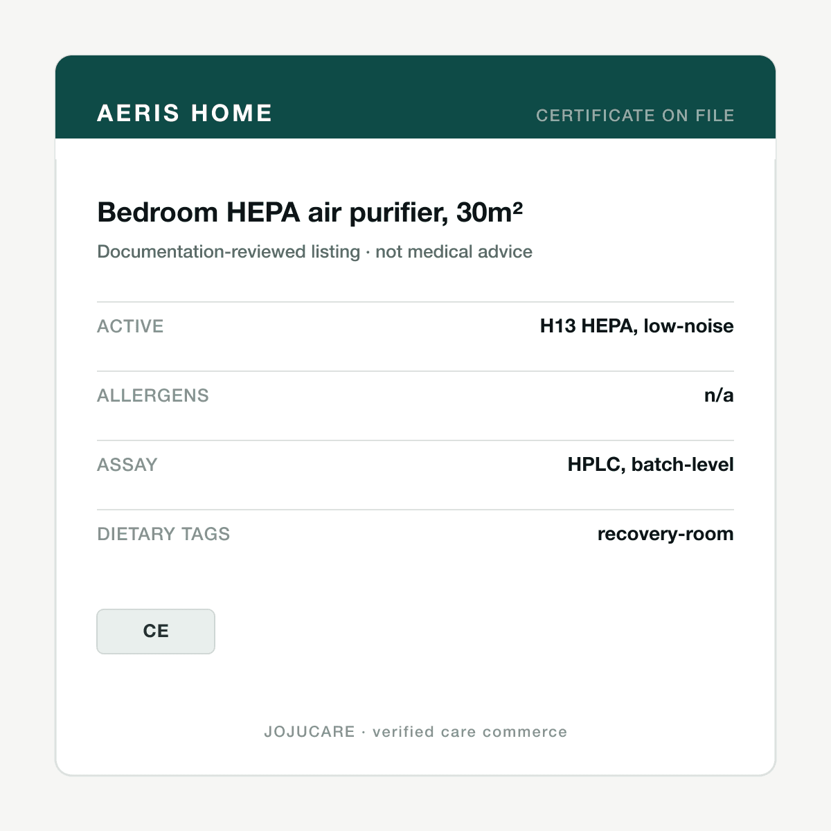 Bedroom HEPA air purifier, 30m² — ingredient label