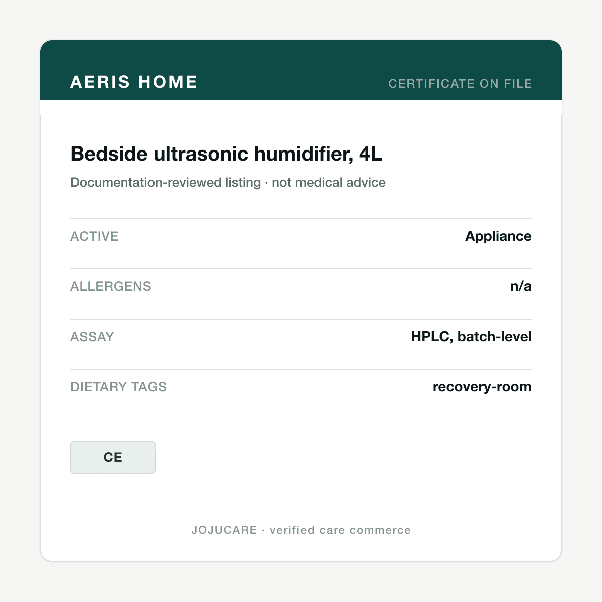 Bedside ultrasonic humidifier, 4L — ingredient label