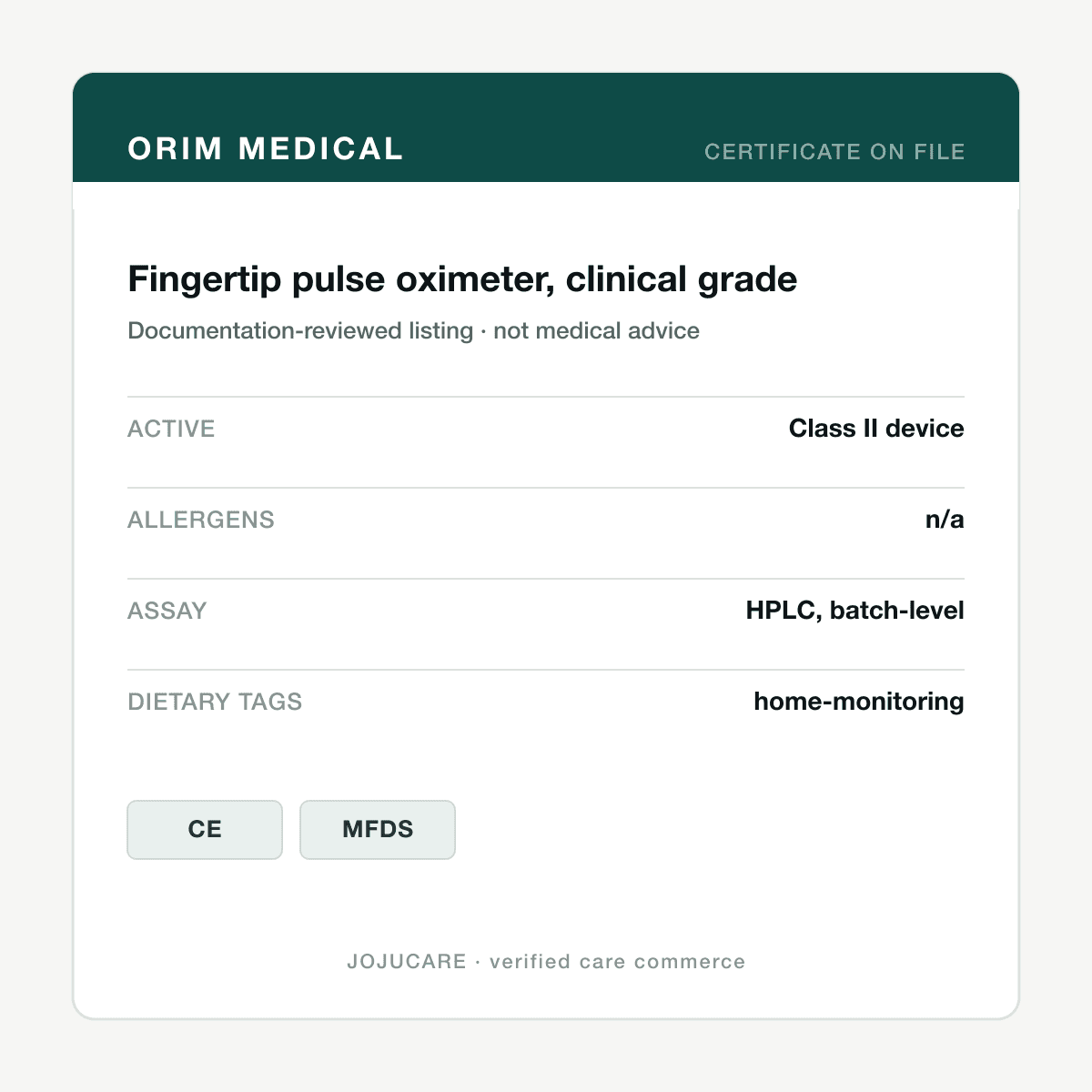 Fingertip pulse oximeter, clinical grade — ingredient label