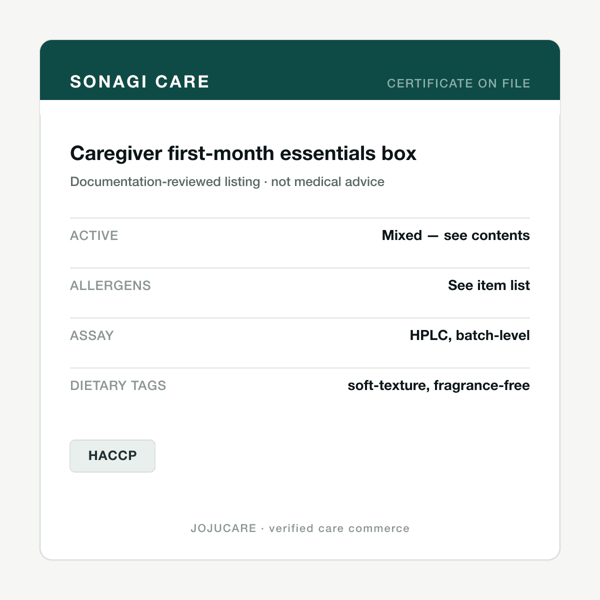 Caregiver first-month essentials box — ingredient label