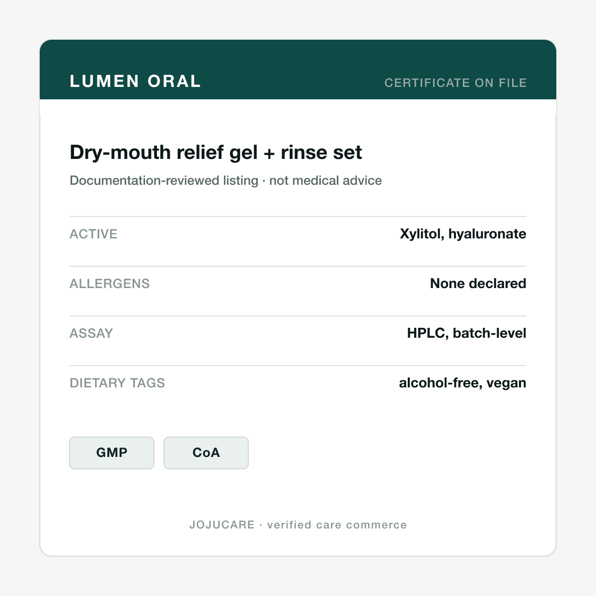 Dry-mouth relief gel + rinse set — ingredient label