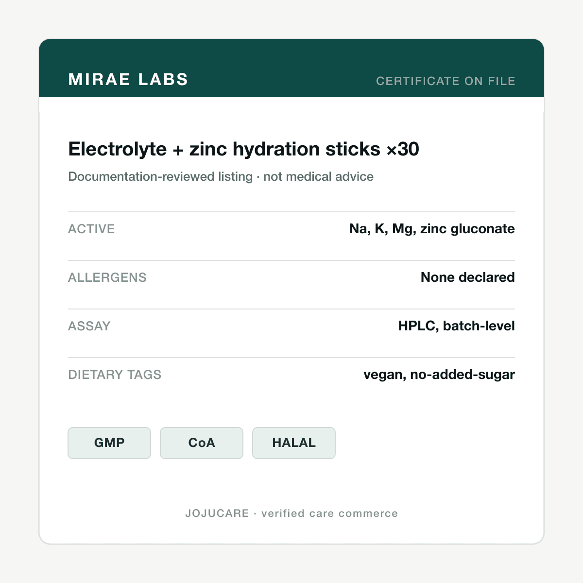 Electrolyte + zinc hydration sticks ×30 — ingredient label