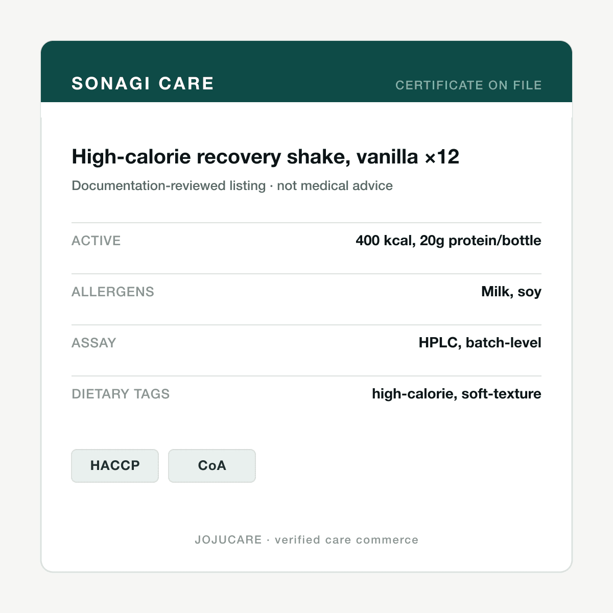 High-calorie recovery shake, vanilla ×12 — ingredient label