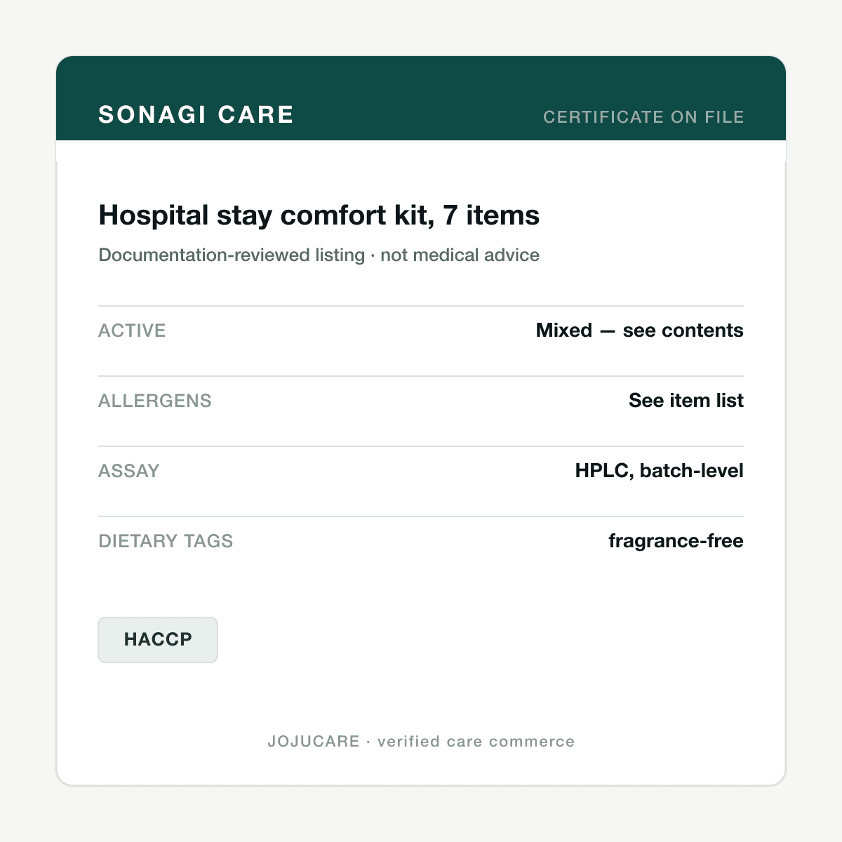 Hospital stay comfort kit, 7 items — ingredient label