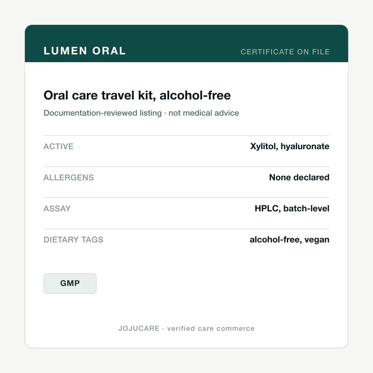 Oral care travel kit, alcohol-free — ingredient label
