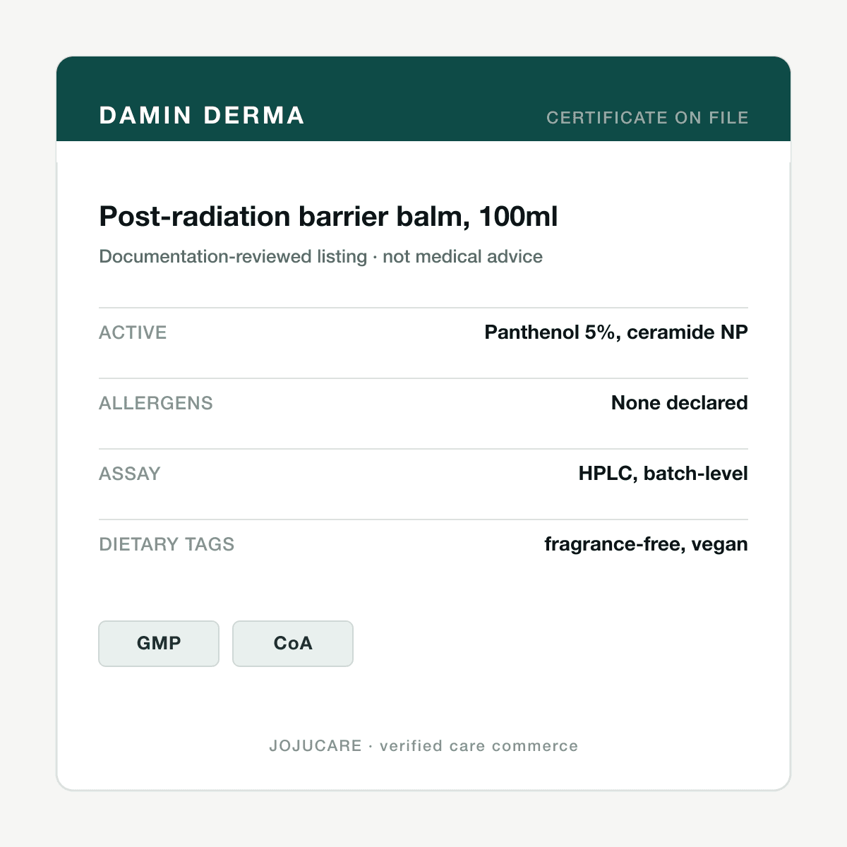 Post-radiation barrier balm, 100ml — ingredient label