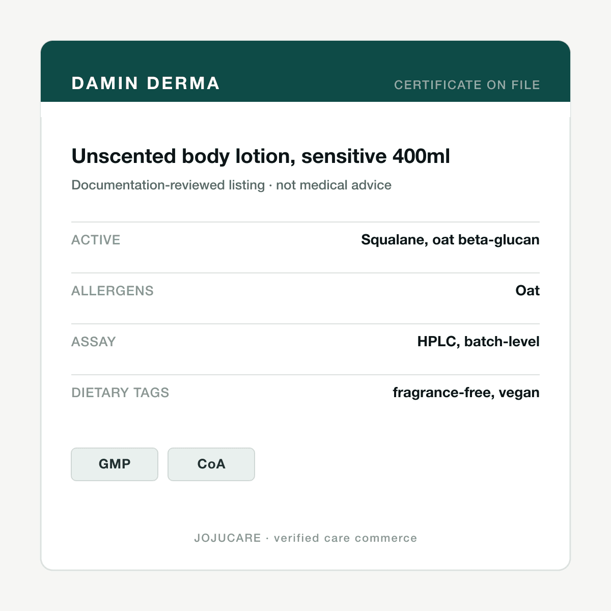 Unscented body lotion for sensitive skin, 400ml — ingredient label
