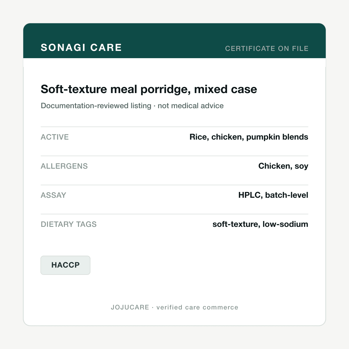 Soft-texture meal porridge, mixed case ×12 — ingredient label