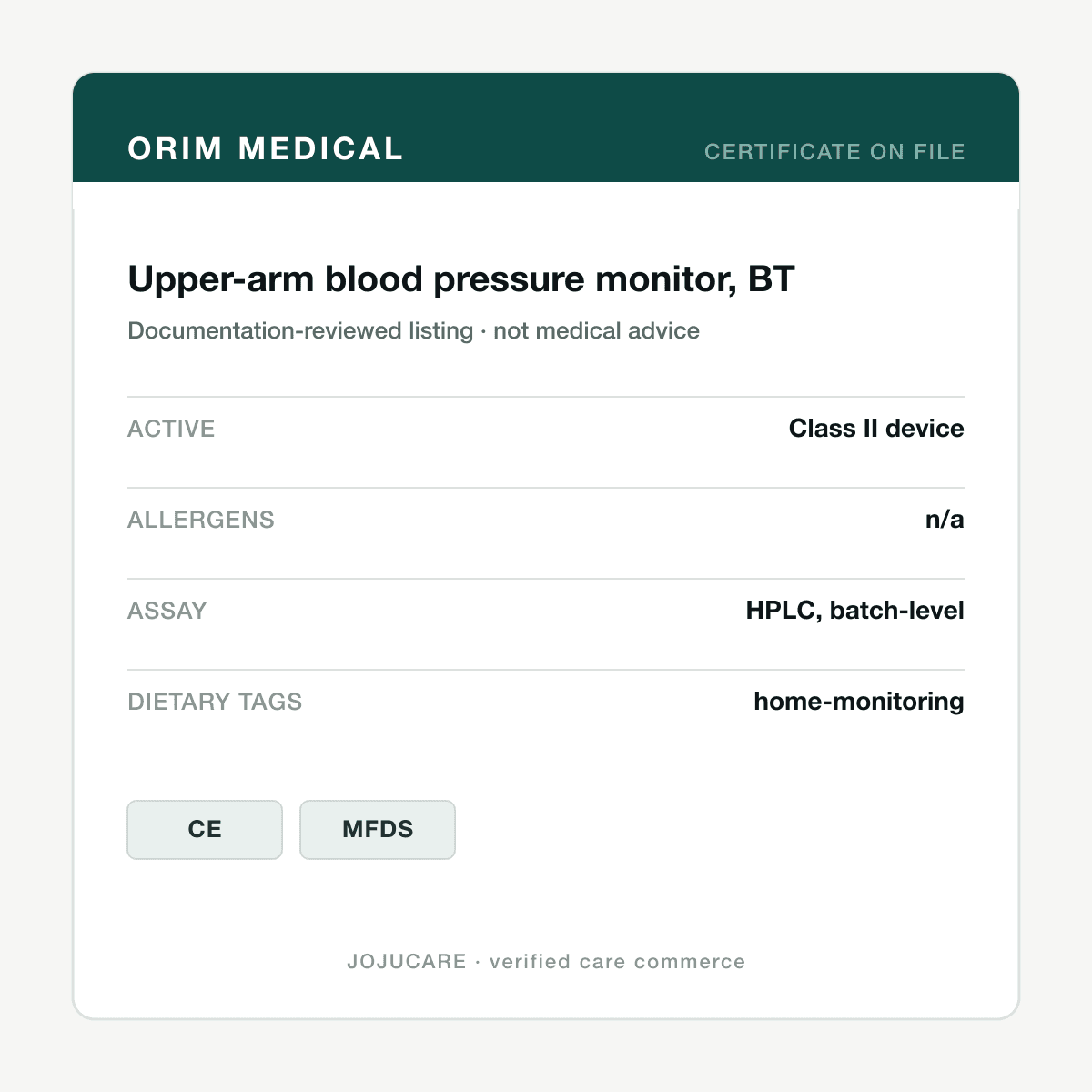 Upper-arm blood pressure monitor, BT — ingredient label
